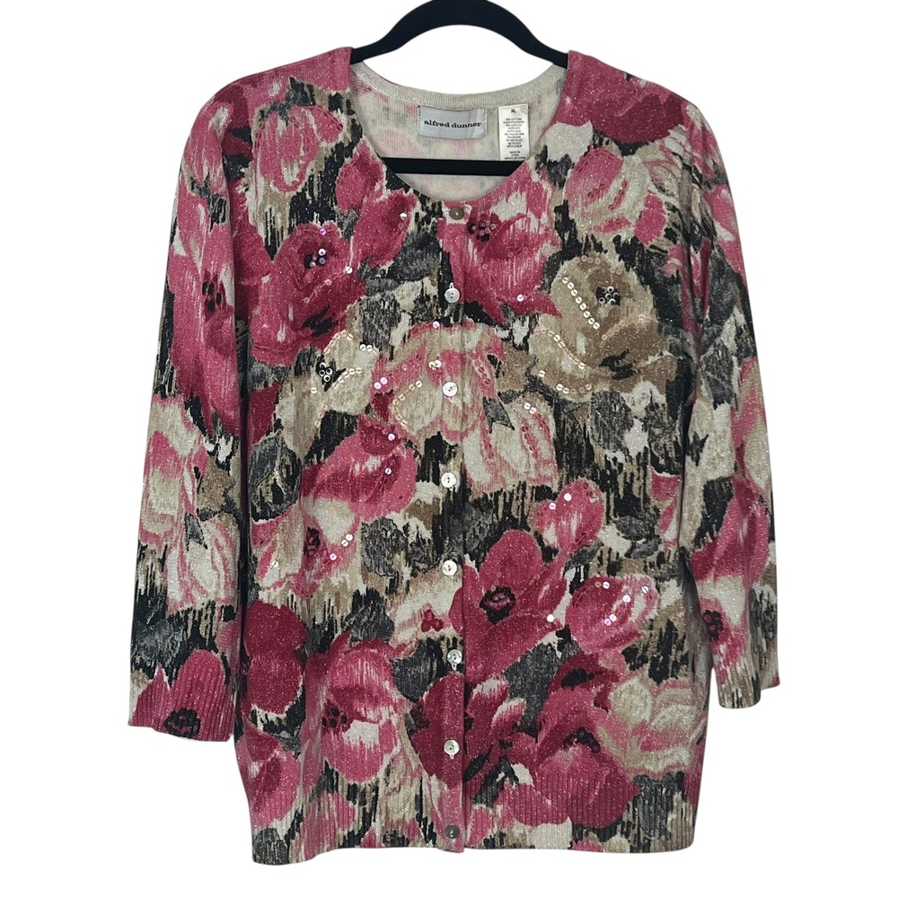Alfred Dunner Women Floral Sequin Cardigan Sweater XL Multicolo Metallic Sparkle